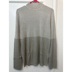 Reunion Menswear Silk Wool‎ Blend Ribbed Mock Neck Sweater Grey Tan Colorblock M